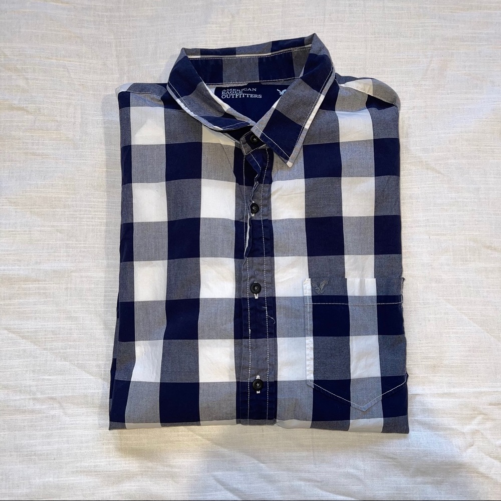 American Eagle blue white checkered button down